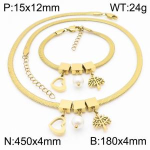 Gold Color Heart Pearl Tree Chunky Chain Stainless Steel Pendant Bracelet Necklace For Women Jewelry sets - KS203076-KFC