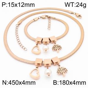 Rose Gold Color Heart Pearl Tree Chunky Chain Stainless Steel Pendant Bracelet Necklace For Women Jewelry sets - KS203077-KFC
