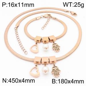 Rose Gold Color Heart Pearl Small Men Chunky Chain Stainless Steel Pendant Bracelet Necklace For Women Jewelry sets - KS203080-KFC