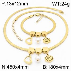 Gold Color Heart Pearl Lotus Flower Chunky Chain Stainless Steel Pendant Bracelet Necklace For Women Jewelry sets - KS203082-KFC
