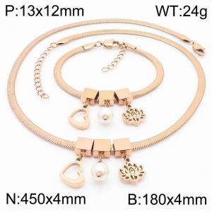 Rose Gold Color Heart Pearl Lotus Flower Chunky Chain Stainless Steel Pendant Bracelet Necklace For Women Jewelry sets - KS203083-KFC