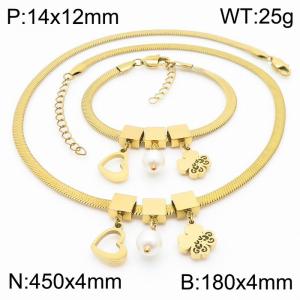 Gold Color Heart Pearl Four Leaf Clover Chunky Chain Stainless Steel Pendant Bracelet Necklace For Women Jewelry sets - KS203085-KFC