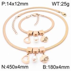 Rose Gold Color Heart Pearl Four Leaf Clover Chunky Chain Stainless Steel Pendant Bracelet Necklace For Women Jewelry sets - KS203086-KFC
