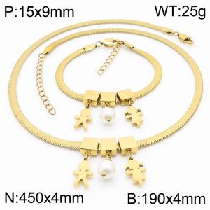 Gold Color Boy And Girl  Pearl  Chunky Chain Stainless Steel Pendant Bracelet Necklace For Women Jewelry sets - KS203088-KFC