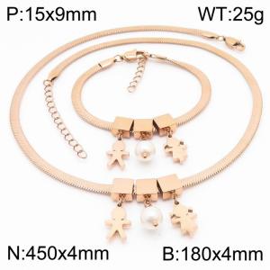 Rose Gold Color Boy And Girl  Pearl  Chunky Chain Stainless Steel Pendant Bracelet Necklace For Women Jewelry sets - KS203089-KFC