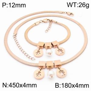 Rose Gold Color Round Men Boy And Girl  Pearl  Chunky Chain Stainless Steel Pendant Bracelet Necklace For Women Jewelry sets - KS203092-KFC