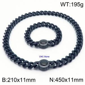 Vintage CNC Stone Bracelet 45cm Necklace Stainless Steel Thick Chain Black Jewelry Set - KS203160-Z