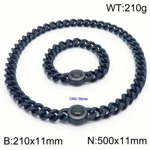 Vintage CNC Stone Bracelet 50cm Necklace Stainless Steel Thick Chain Black Jewelry Set - KS203161-Z