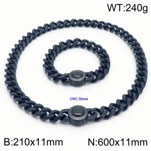Vintage CNC Stone Bracelet 60cm Necklace Stainless Steel Thick Chain Black Jewelry Set - KS203163-Z