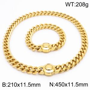 18K Gold-plated Stainless Steel Jewelry Set Round Clasp Thick Chain Bracelet 45cm Necklace - KS203181-Z