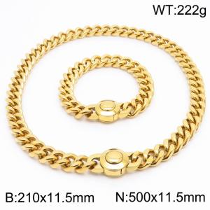 18K Gold-plated Stainless Steel Jewelry Set Round Clasp Thick Chain Bracelet 50cm Necklace - KS203182-Z