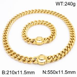 18K Gold-plated Stainless Steel Jewelry Set Round Clasp Thick Chain Bracelet 55cm Necklace - KS203183-Z