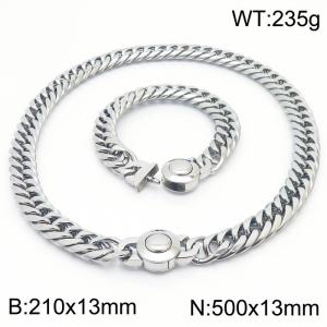 Trendy 18K Silver Cuban Chain Necklace & Bracelet Set Hypoallergenic Stainless Steel Necklace 50cm × Bracelet 21cm Simple and Stylish Jewelry Set - KS203210-Z