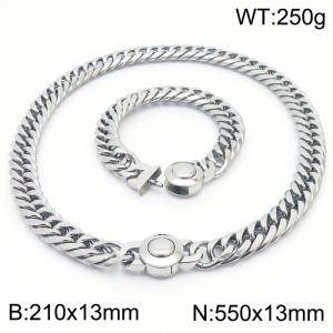 Trendy 18K Silver Cuban Chain Necklace & Bracelet Set Hypoallergenic Stainless Steel Necklace 55cm × Bracelet 21cm Simple and Stylish Jewelry Set - KS203211-Z