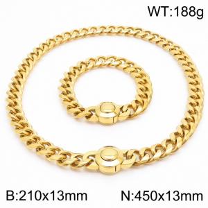 210x13mm&450x13mm European and American punk style stainless steel polished Cuban chain circular buckle  18K gold-plated set - KS203272-Z