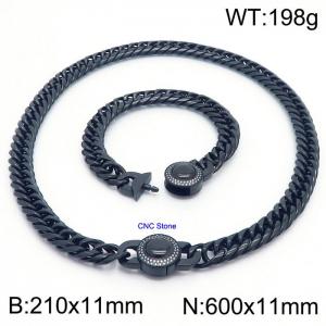 Stainless steel 210x11mm&600x11mm Cuban chain European and American fashion simple diamond inlay charm black set - KS203296-Z