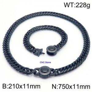 Stainless steel 210x11mm&750x11mm Cuban chain European and American fashion simple diamond inlay charm black set - KS203299-Z