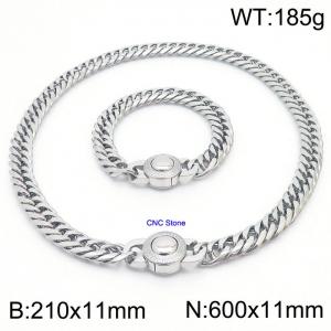 Stainless steel 210x11mm&600x11mm Cuban chain European and American fashion simple diamond inlay charm silver set - KS203310-Z