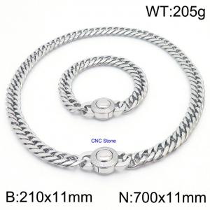 Stainless steel 210x11mm&700x11mm Cuban chain European and American fashion simple diamond inlay charm silver set - KS203312-Z