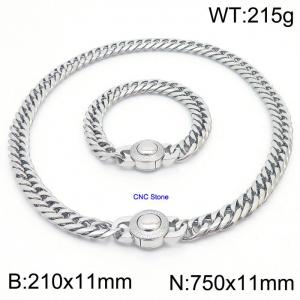 Stainless steel 210x11mm&750x11mm Cuban chain European and American fashion simple diamond inlay charm silver set - KS203313-Z