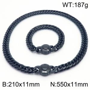 Stainless steel 210x11mm&550x11mm Cuban chain European and American fashion simple circular polishing charm black set - KS203316-Z