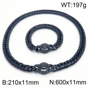 Stainless steel 210x11mm&600x11mm Cuban chain European and American fashion simple circular polishing charm black set - KS203317-Z