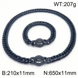 Stainless steel 210x11mm&650x11mm Cuban chain European and American fashion simple circular polishing charm black set - KS203318-Z