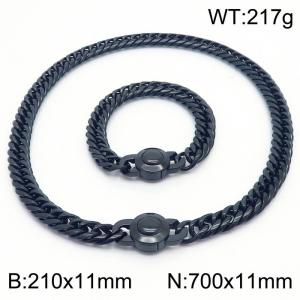 Stainless steel 210x11mm&700x11mm Cuban chain European and American fashion simple circular polishing charm black set - KS203319-Z