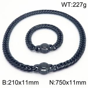 Stainless steel 210x11mm&750x11mm Cuban chain European and American fashion simple circular polishing charm black set - KS203320-Z