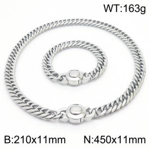 Stainless steel 210x11mm&450x11mm Cuban chain European and American fashion simple circular polishing charm silver set - KS203321-Z