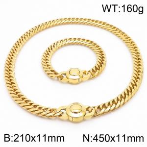 Stainless steel 210x11mm&450x11mm Cuban chain European and American fashion simple circular polishing charm gold set - KS203328-Z