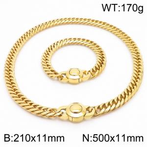 Stainless steel 210x11mm&500x11mm Cuban chain European and American fashion simple circular polishing charm gold set - KS203329-Z