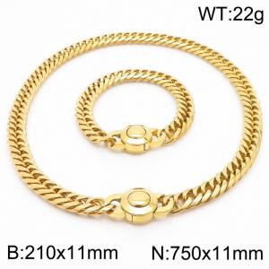 Stainless steel 210x11mm&750x11mm Cuban chain European and American fashion simple circular polishing charm gold set - KS203334-Z