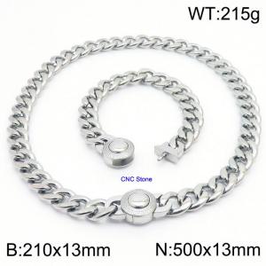 18K Silver 13mm Cuban Link Necklace & Bracelet Set With CNC Stones - 50cm Necklace × 21cm Bracelet Versatile and Trendy Stainless Steel Jewelry - KS203350-Z