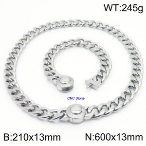 18K Silver 13mm Cuban Link Necklace & Bracelet Set With CNC Stones - 60cm Necklace × 21cm Bracelet Versatile and Trendy Stainless Steel Jewelry - KS203352-Z