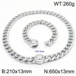 18K Silver 13mm Cuban Link Necklace & Bracelet Set With CNC Stones - 65cm Necklace × 21cm Bracelet Versatile and Trendy Stainless Steel Jewelry - KS203353-Z