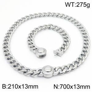 18K Silver 13mm Cuban Link Necklace & Bracelet Set With CNC Stones - 70cm Necklace × 21cm Bracelet Versatile and Trendy Stainless Steel Jewelry - KS203354-Z