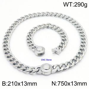 18K Silver 13mm Cuban Link Necklace & Bracelet Set With CNC Stones - 45cm Necklace × 21cm Bracelet Versatile and Trendy Stainless Steel Jewelry - KS203355-Z