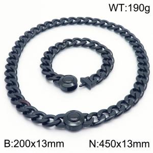 Trendy Black Cuban Link Necklace & Bracelet Set 13mm Stainless Steel Necklace 45cm × Bracelet 21cm Simple and Stylish Jewelry Set - KS203363-Z