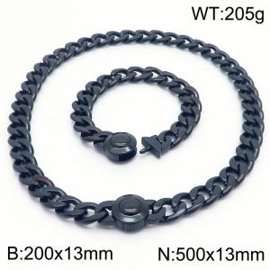 Trendy Black Cuban Link Necklace & Bracelet Set 13mm Stainless Steel Necklace 50cm × Bracelet 21cm Simple and Stylish Jewelry Set - KS203364-Z