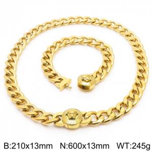 Greek Mythology Elements-Medusa Necklace & Bracelet Set 13mm Gold Cuban Link Necklace 60cm and Bracelet 21cm Classic Stainless Steel Jewelry Set - KS203387-Z