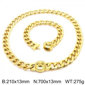 Greek Mythology Elements-Medusa Necklace & Bracelet Set 13mm Gold Cuban Link Necklace 70cm and Bracelet 21cm Classic Stainless Steel Jewelry Set - KS203389-Z