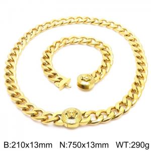 Greek Mythology Elements-Medusa Necklace & Bracelet Set 13mm Gold Cuban Link Necklace 75cm and Bracelet 21cm Classic Stainless Steel Jewelry Set - KS203390-Z