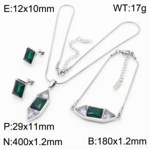 Emerald Crystal Gemstone Earrings, Pendant Necklace & Bracelet Silver Stainless Steel Jewelry Set For Women - KS203402-KLX