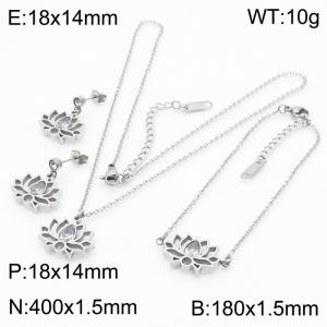 Crystal Gemstone Lotus Earrings, Pendant Necklace & Bracelet Silver Stainless Steel Jewelry Set For Women - KS203403-KLX