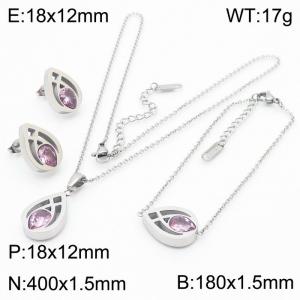 Crystal Gemstone Pear Shaped Earrings, Pendant Necklace & Bracelet Silver Stainless Steel Jewelry Set For Women - KS203404-KLX
