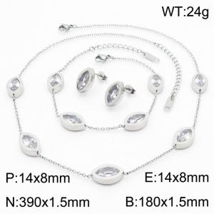 Crystal Gemstone Horse Eye Shape Earrings, Pendant Necklace & Bracelet Silver Stainless Steel Jewelry Set For Women - KS203405-KLX