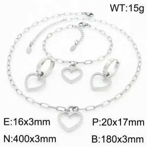 Love Heart Shaped Earrings, Pendant Necklace & Bracelet With Cubic Zirconia Silver Stainless Steel Jewelry Set For Women - KS203407-KLX