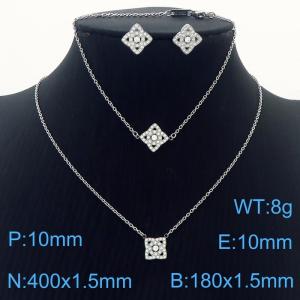 Cubic Zirconia Flower-Shaped Earrings, Necklace & Bracelet Silver Stainless Steel Jewelry Set For Women - KS203409-KLX