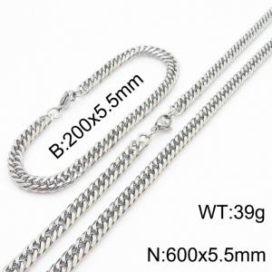 5.5mm Miami Cuban Link Chain Set For Men Silver Plated Stainless Steel Bracelet & Necklace - KS203412-TK